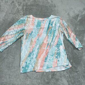 Alfred Dunner Womens Lace Tunic Top Multicolor Long Sleeves Size L a0947